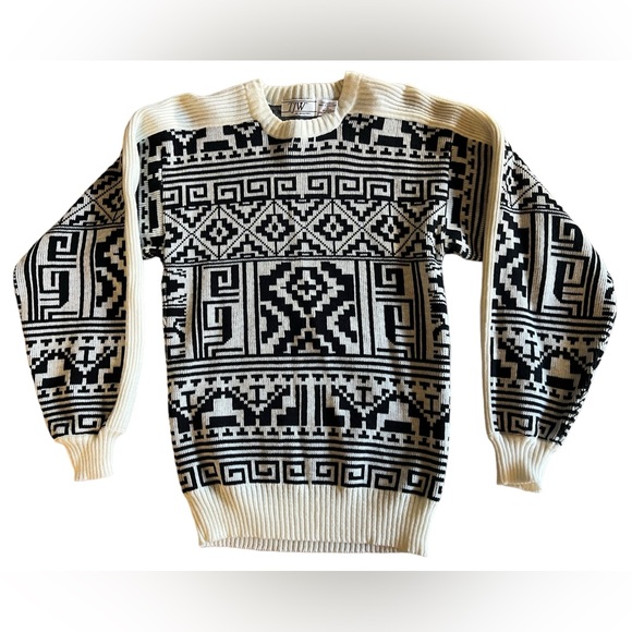 Vintage TJW Mervyn’s Black Geometric Acrylic Sweater Crewneck 80s Mens S Aztec - Picture 3 of 10